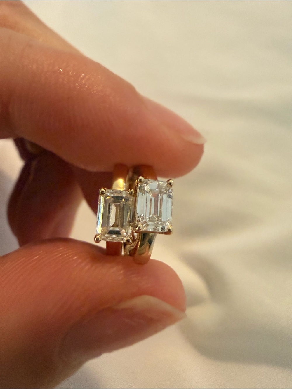 Solid 14kt yellow gold, 1ctw lab emerald cut diamond Huggies with certification